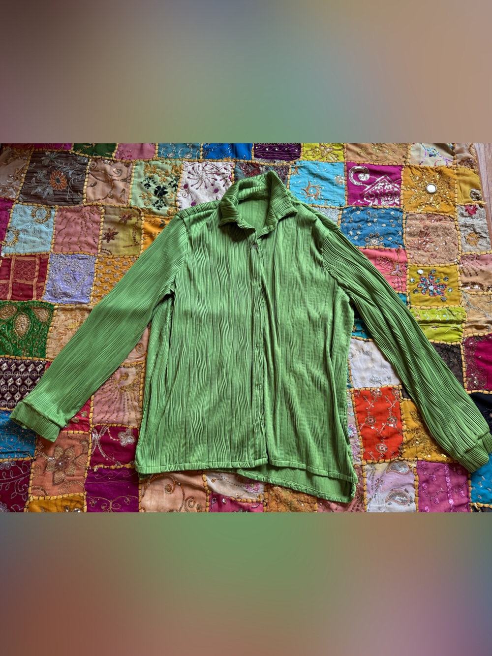 Light Green Pleated Long-Sleeve Top